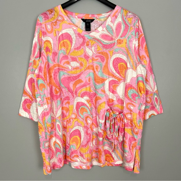 Ali Miles Paisley Crinkle Pocket Top Women’s Size XL Colorful V-Neck Artsy Knit - Picture 1 of 7